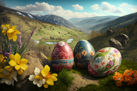 Easter eggs and spring flowers in the mountains. Colorful Easter eggs on nature background. Generative AIの素材