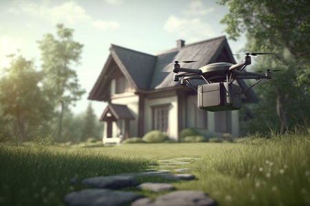 A postal drone flies up to the house on the grassing sunny day. Generative AIの素材