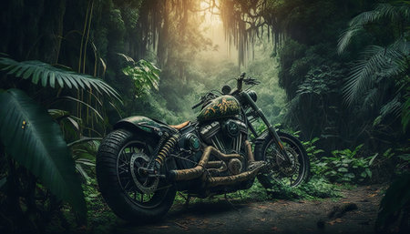 Vintage chopper motorbike in the jungle. Generative AIの素材