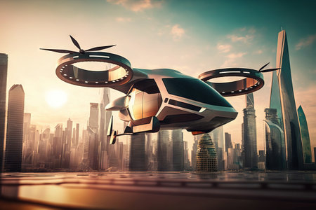 Quadcopter flying over modern city. Generative AIの素材