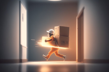 Delivery man running with cardboard box in his hand. Generative AIの素材