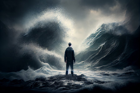 Surfing in stormy sea with big waves and stormy sky. Generative AIの素材