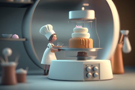 3d rendering of a mini female chef with a cake in the laboratory. Generative AIの素材