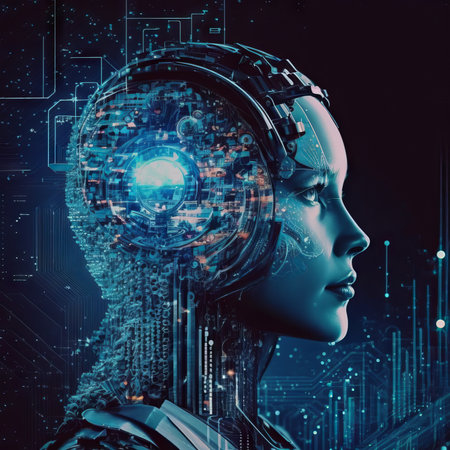 Generative AI humanoid robot head with circuit board in dark space backgroundの素材