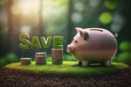 save money for investment concept with piggy bank and coin stack on green nature background. Generative AIの素材
