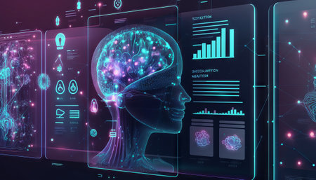 Digital medical interface with human head and brain hologram over dark background. Generative AIの素材