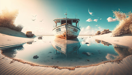 Fishing boat on the beach at sunset. Generative AIの素材