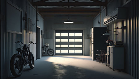 Generative AI of a garage interior with a motorbike in the foregroundの素材