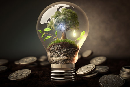 Eco light bulb with green sprout growing inside placed on pile of coins. Generative AIの素材