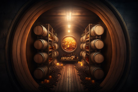 Wine barrels in the cellar of a winery. Generative AIの素材