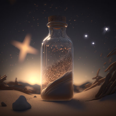 Magic potion in a bottle on the beach. Generative AIの素材