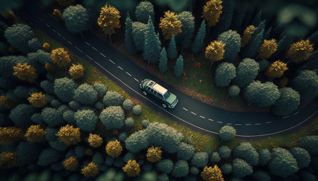 Generative AI of car driving on the road in the forest.の素材