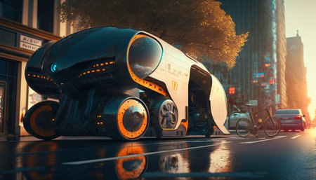 3D rendering of a futuristic transport vehicle on the road in the cityの素材