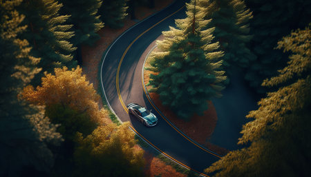 Aerial view of a car on the road in the forest. Generative AIの素材