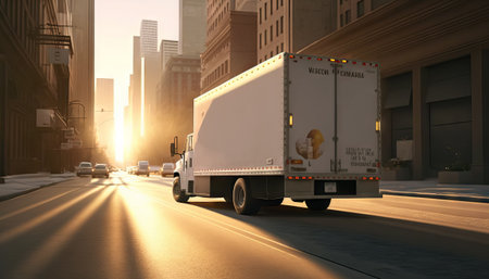 Commercial delivery truck on the street at sunset. Generative AIの素材
