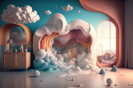 Generative AI of fantasy interior with mountains, window and clouds.の素材
