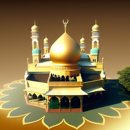 Mosque with golden domes in the garden. Generative AIの素材