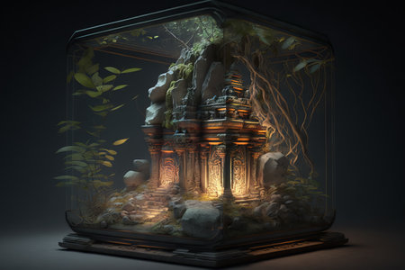 Generative AI of an ancient temple in a glass florarium.の素材