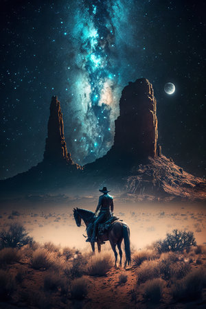 Cowboy riding a horse in the desert at night. Generative AIの素材