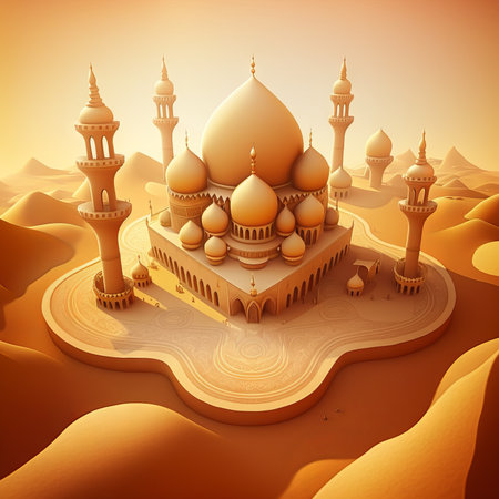 Generative AI of mosque in the desert. Ramadan Kareem backgroundの素材