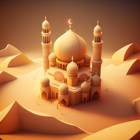 Mosque in desert. Ramadan Kareem greeting card. Generative AIの素材