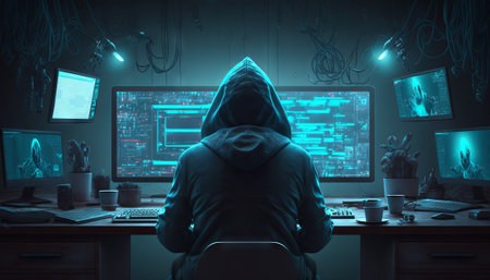 A hacker in a hoodie is sitting on a chair and looking at the city at night. Generative AIの素材