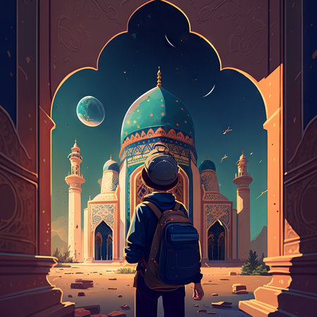 Tourist in front of the mosque at night, Generative AIの素材