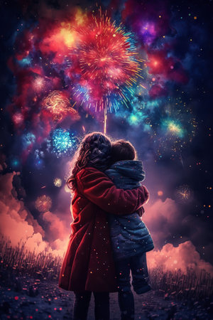 Cute little girl and boy hugging and looking at fireworks in night sky. Generative AIの素材