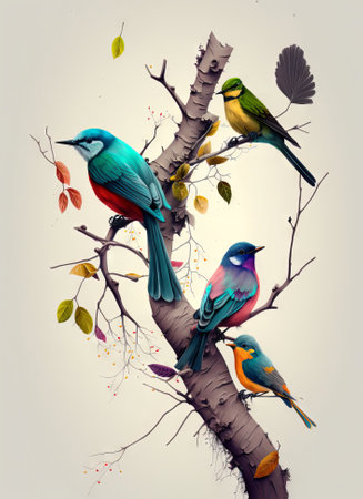 Colorful birds on a tree branch. Generative AIの素材