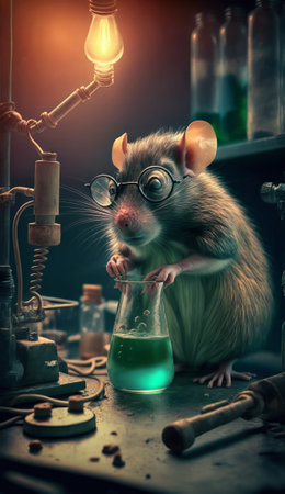A laboratory rat in glasses holds a chemical test tube. Laboratory glassware. Generative AIの素材