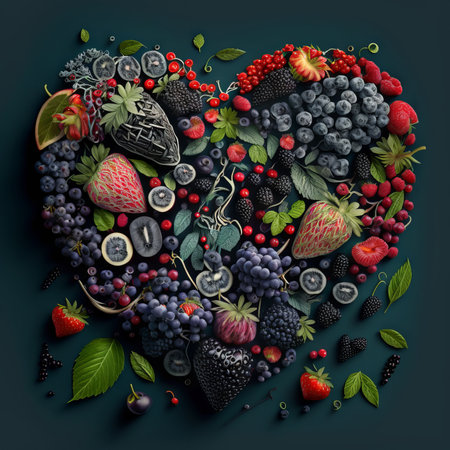 Heart made of fresh berries and leaves on dark green background, top view. Generative AIの素材
