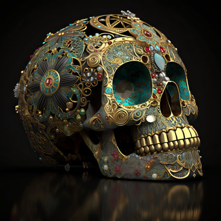 Skull with gold ornament on black background. Generative AIの素材