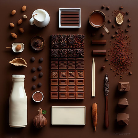 Chocolate bar, coffee beans, cocoa powder, milk and spices on brown background. Generative AIの素材