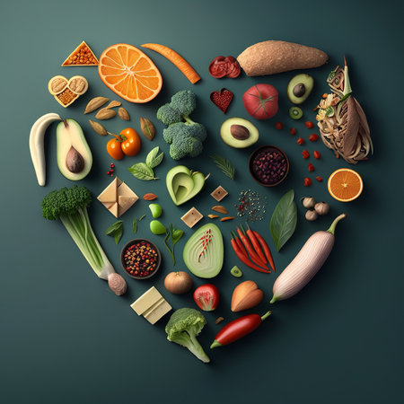 Healthy food heart made of fresh vegetables and fruits on green background. Generative AIの素材