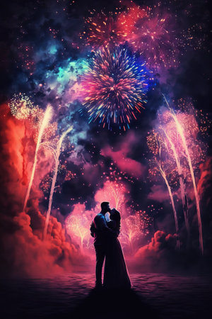 Wedding Couple in love with fireworks in the night sky. Generative AIの素材