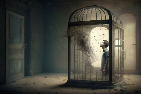 Young businessman trapped in a birdcage and looking at the window. Generative AIの素材