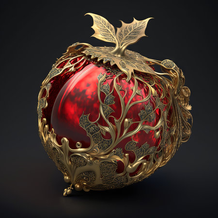 Red apple with golden ornament on black background. Generative AIの素材