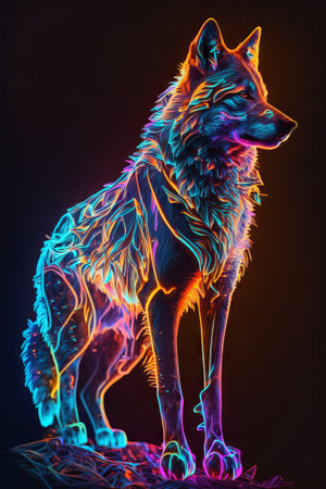 Generative AI of a wolf in neon light on a black background.の素材