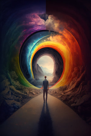 Businessman standing in the middle of a tunnel and looking at the future. Generative AIの素材