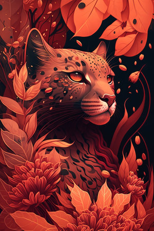 Leopard in the forest with red flowers and leaves. Generative AIの素材