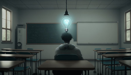 Back view of businessman sitting in classroom and looking at glowing light bulb. Idea concept. Generative AIの素材