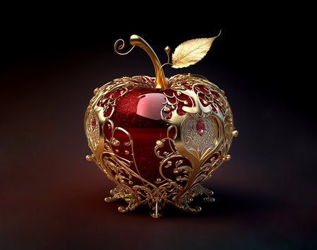 Generative AI of golden and red apple with floral ornament on black backgroundの素材