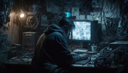 Man working on computer at night in a dark room. Dark background. Generative AIの素材