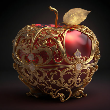 Red apple with gold ornament on black background. Generative AIの素材