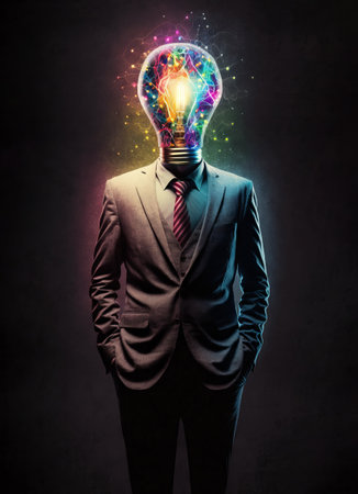 Businessman with light bulb head concept on dark background. Mixed media. Generative AIの素材