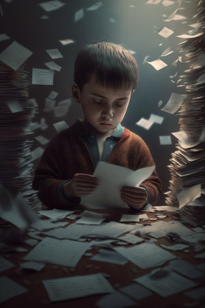 boy at the table with papers and documents, concept of office work. Generative AIの素材