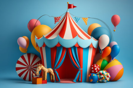 Circus tent with balloons and sweets on blue background. Generative AIの素材