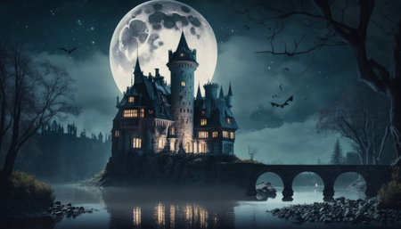 Halloween castle at night with full moon, Generative AIの素材