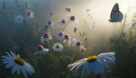 Flower meadow with daisies and butterfly at sunrise. Generative AIの素材