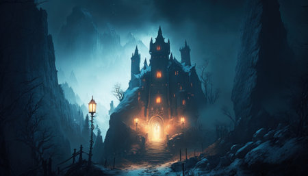 Mystical spooky halloween background with haunted castle and old lantern. Generative AIの素材